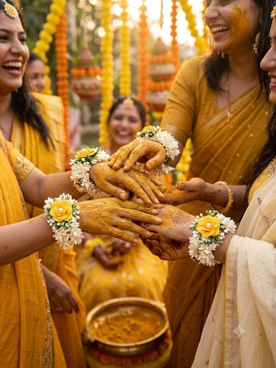 Women in yellow saris celebrating with turmeric and marigolds during the haldi ceremony