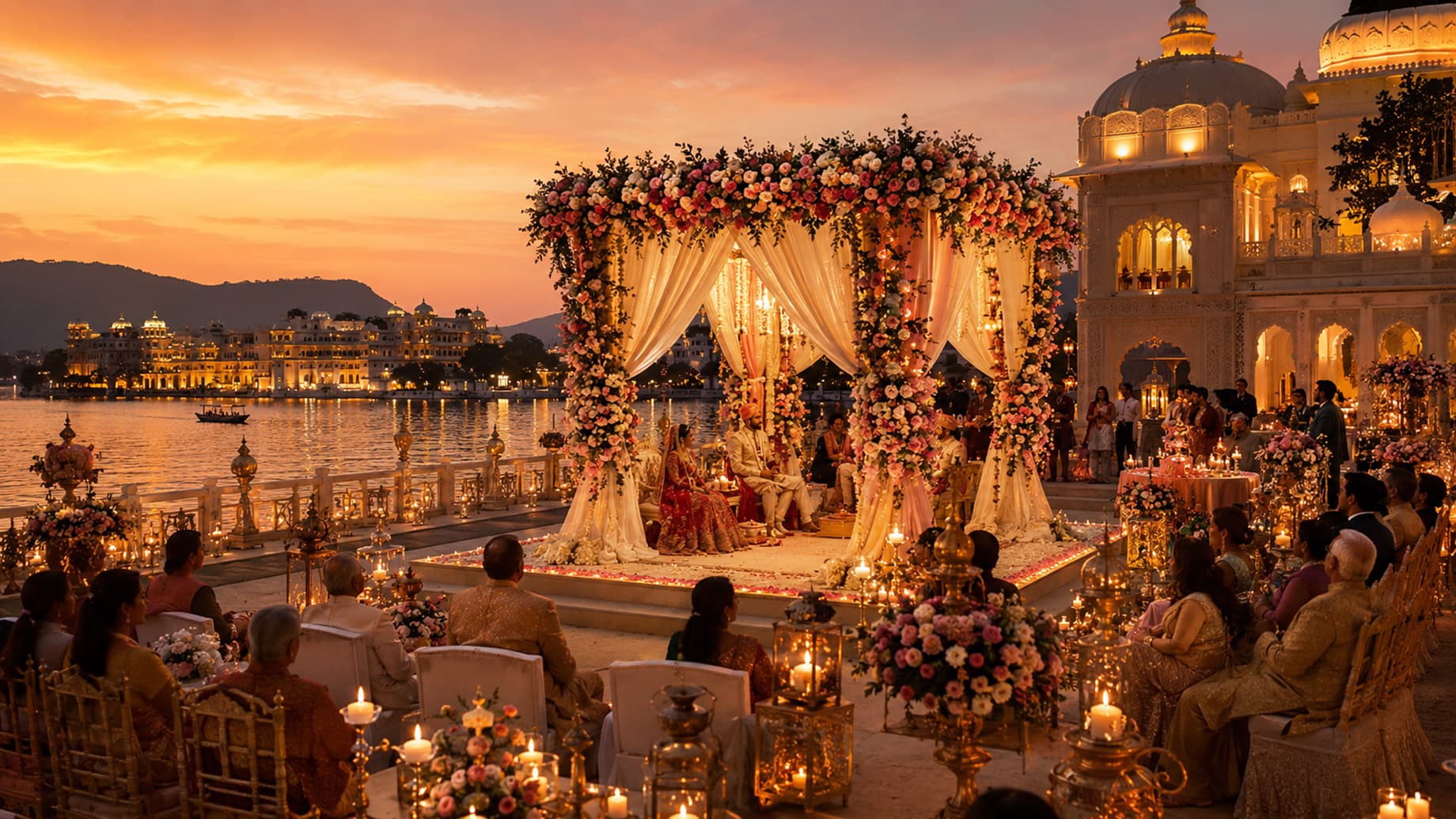 A royal lakeside palace wedding at sunset with a floral mandap and glowing candles in Udaipur, Rajasthan